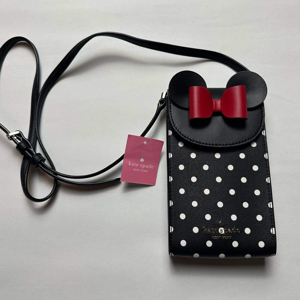 Kate Spade + Disney Minnie Mouse crossbody multi bag. Polka dot and red bow.
